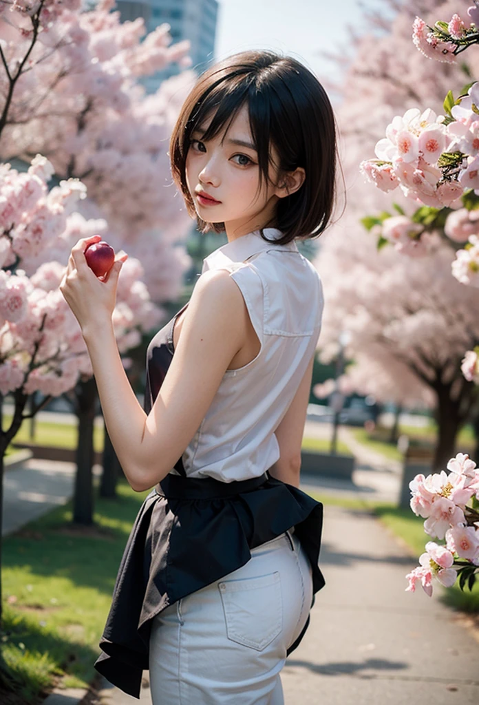 (masterpiece, best quality), 1girl, yo,cute,plum blossom tree avenue, skirt lift both hands, upskirt, skirt flipped, widening skirt, beautiful detailed teeth, eyes with large brown irises, small mouth, fresh lips,nose blush, ,wavy short hair,round glasses ,5finger, intricate details, depth of field,beautiful lighting, volumetric lighting, dynamic angle, (photographic portrait), sharp,