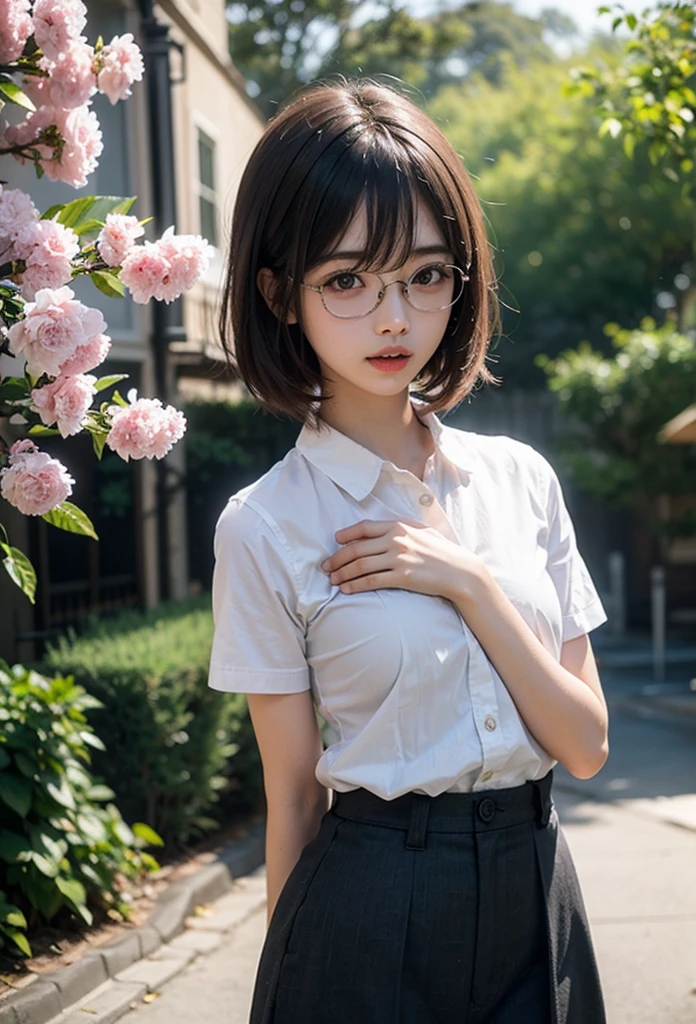 (masterpiece, best quality), 1girl, 17yo,cute,plum blossom tree avenue, skirt lift both hands, upskirt, skirt flipped, widening skirt, beautiful detailed teeth, eyes with large brown irises, small mouth, fresh lips,nose blush, ,wavy short hair,round glasses ,5finger, intricate details, depth of field,beautiful lighting, volumetric lighting, dynamic angle, (photographic portrait), sharp,