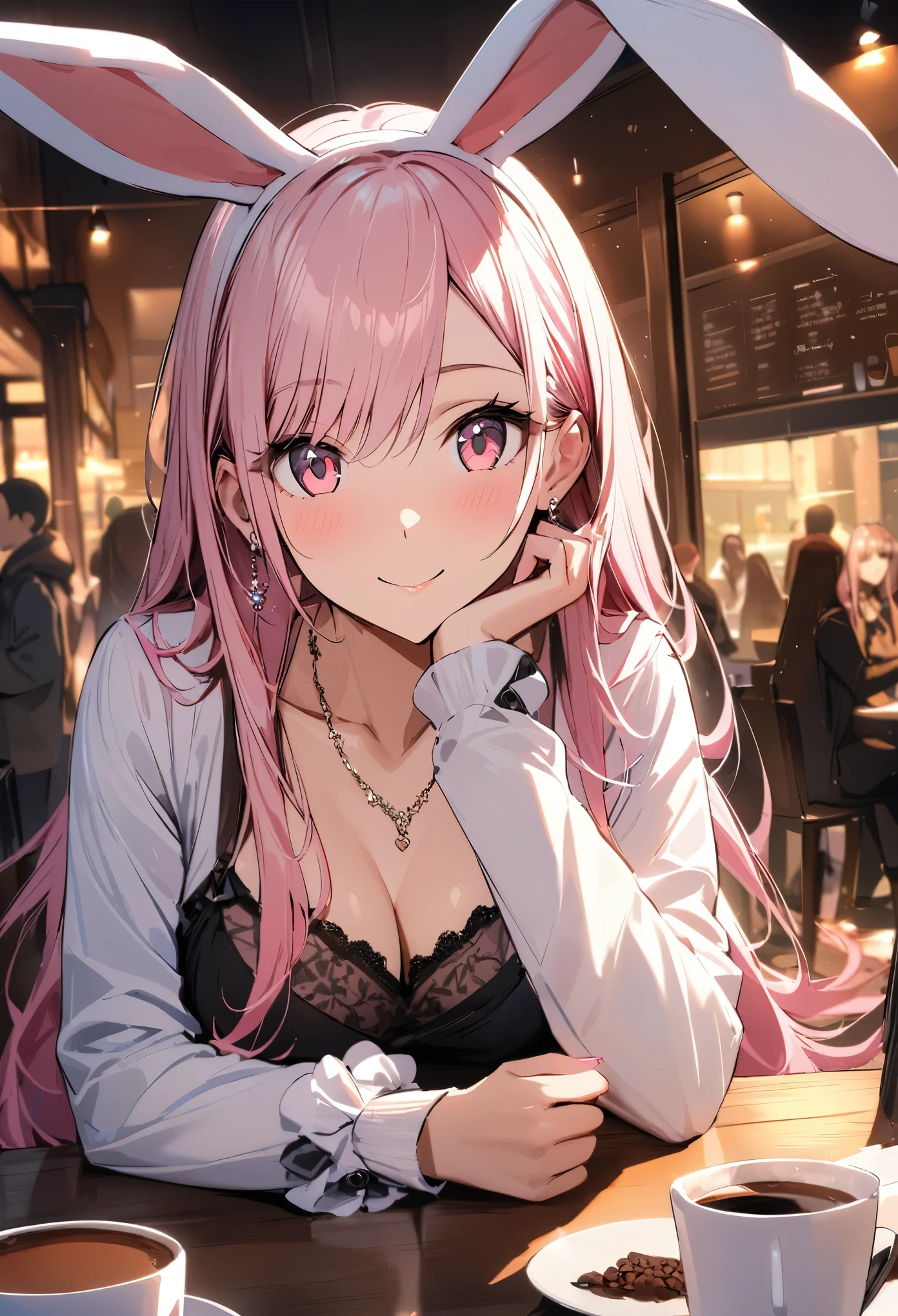 Masterpiece, highest quality, ultra-definition, ultra-fine, 4K, 8K, highest quality, beautiful, cute woman, solo, (beautiful pink hair, beautiful pink eyes, beautiful eyes, long hair, rabbit ears, smile),
break
Cozy cafe scenery, coffee on the table, food, coffee cups, crowd in the background,
break
Prada, necklaces, earrings, accessories, bags,
break
Fantastic lighting, bloom, extraordinary resolution, super detail, top quality, high resolution, audio notes,