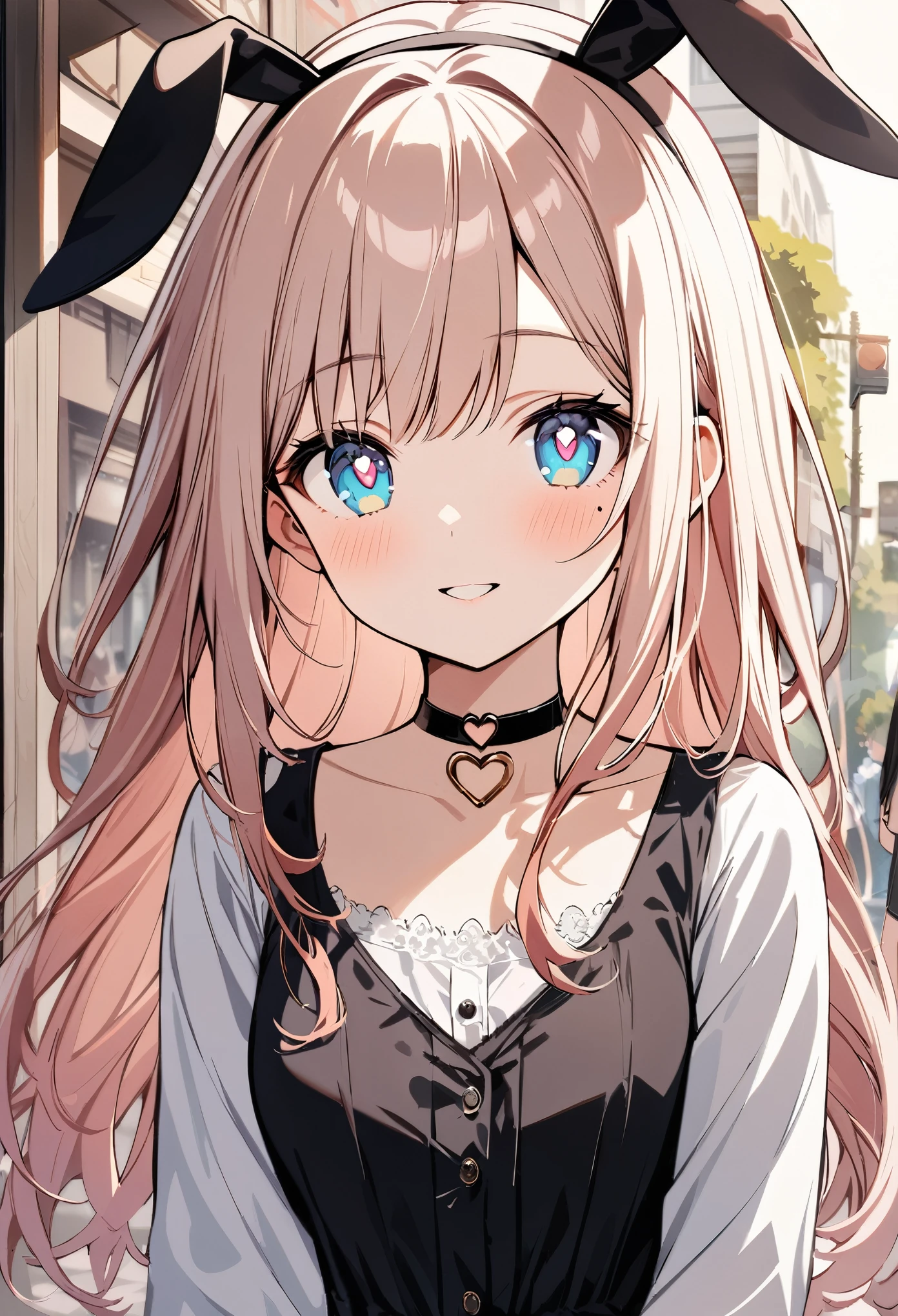 chibi {Girl with shoulder-length pink straight hair named Rico}, ``Little hat with bunny ears'', (It feels like saying Hello, daytime hours, smile,), {going out style}, ((Heart-shaped choker) ), (Downtown), Bright background, Mole under the eye, Heart-shaped choker, ((Masterpiece)), Highly detailed CG Unity 8k wallpaper), Top quality, One girl, Detailed background, beautifully detailed eyes, bright pupils, (very delicate and beautiful)), ((beautiful) eyes (detailed description)