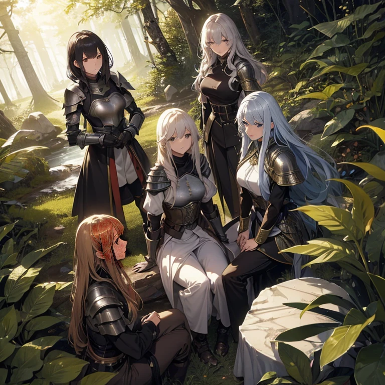 A group of  female knights, (in forest), various hair styles, metal armor, harem, trousers, seducing, beautiful face, close