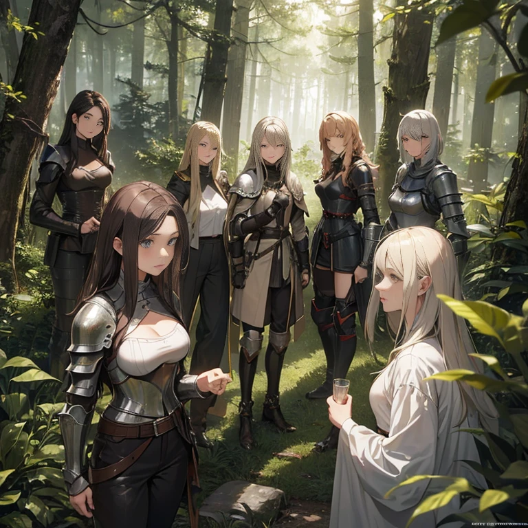 A group of female knights, (in forest), various hair styles, metal armor, harem, trousers, seducing, beautiful face, close