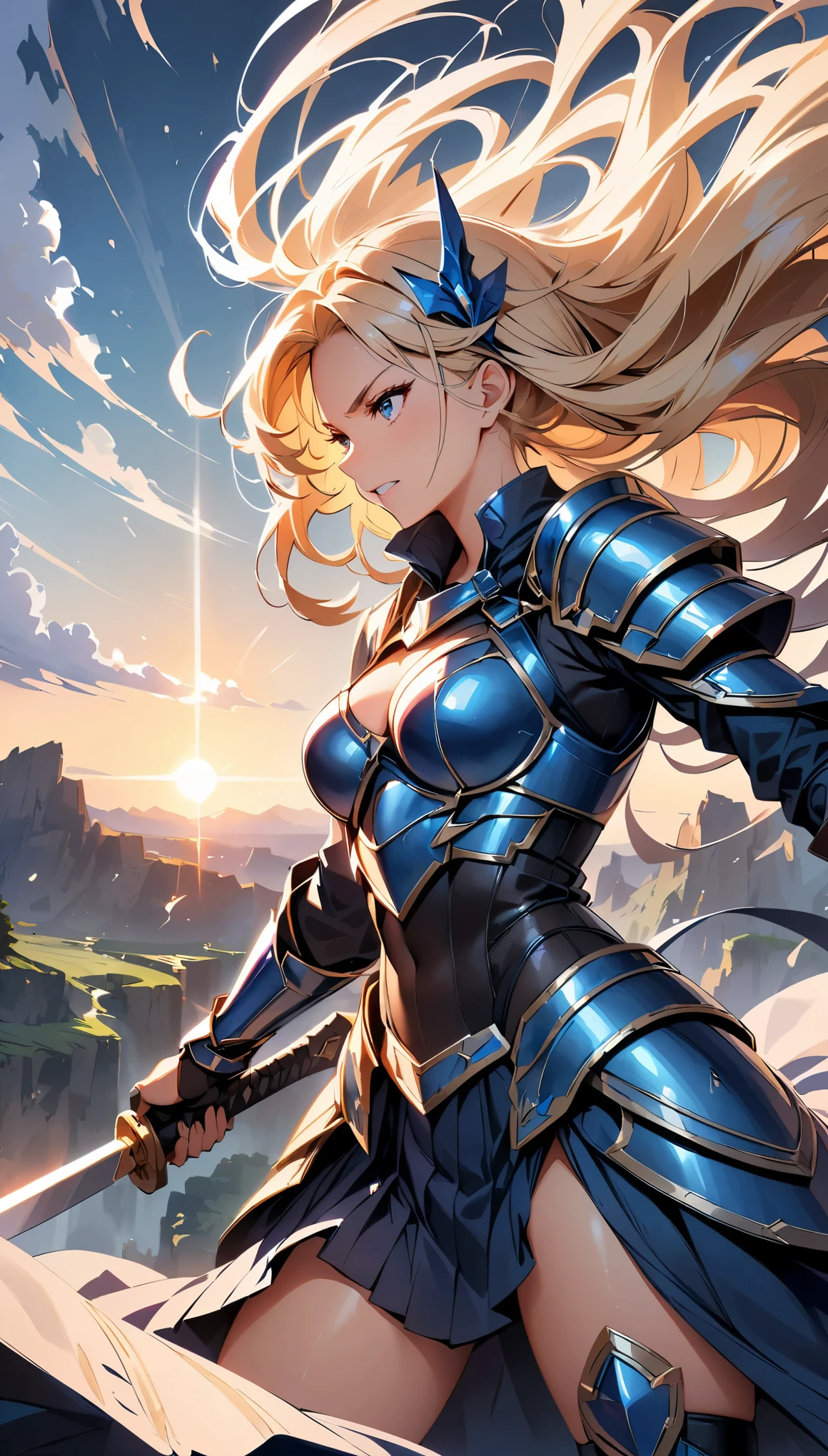 (highest quality, 4k, 8K, High resolution, masterpiece:1.2), Super detailed, woman wielding a large sword, gorgeous armor, flowing hair, fierce expression, intense battle scene, dramatic lighting, Bright colors, powerful stroke, high contrast, Heroic figures, Detailed armor and weapons, dynamic pose, war-torn landscape background