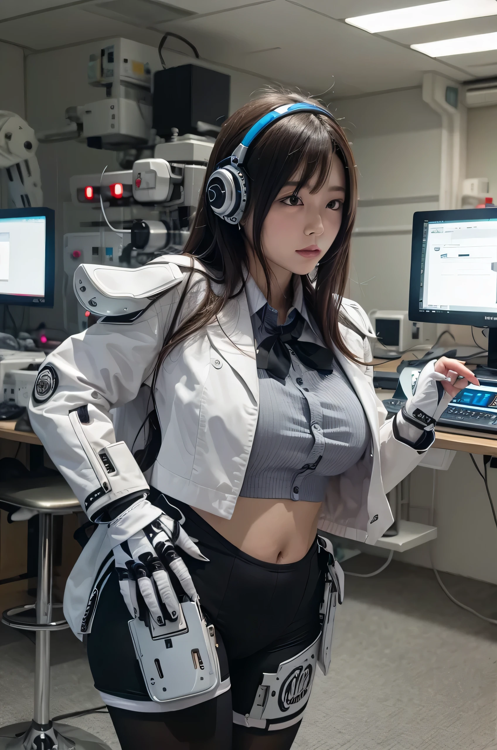 masterpiece, Best Quality, Extremely detailed, 8K Portrait,Japanese android girl,Plump ,control panels,android,Droid,Mechanical Hand, ,Robot arms and legs, Black hair,Mechanical body,Blunt bangs,Charging spot,She is charging now, mechanical ear covers,android,robot humanoid,The laboratory of the future,android factory,mechanical ear cover,business suits,darkblack tights
