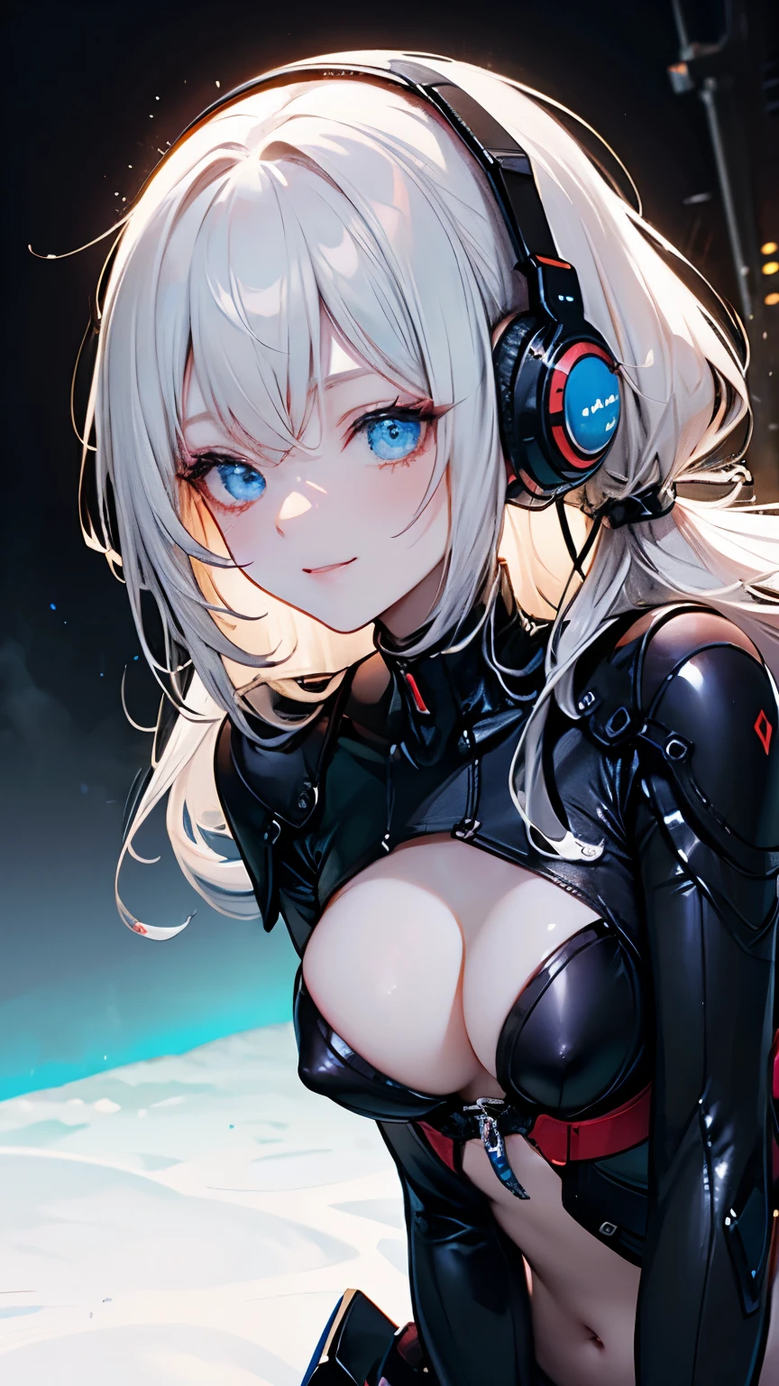 A beautiful silver-haired girl wearing headphones, a sci-fi action set on Mars in the 2500s, a body suit with a black base that emits a glow, a complex pattern that emits light, a smiling face, and blue eyes staring at you. There is. The background is a mechanical device that emits light of various colors.
