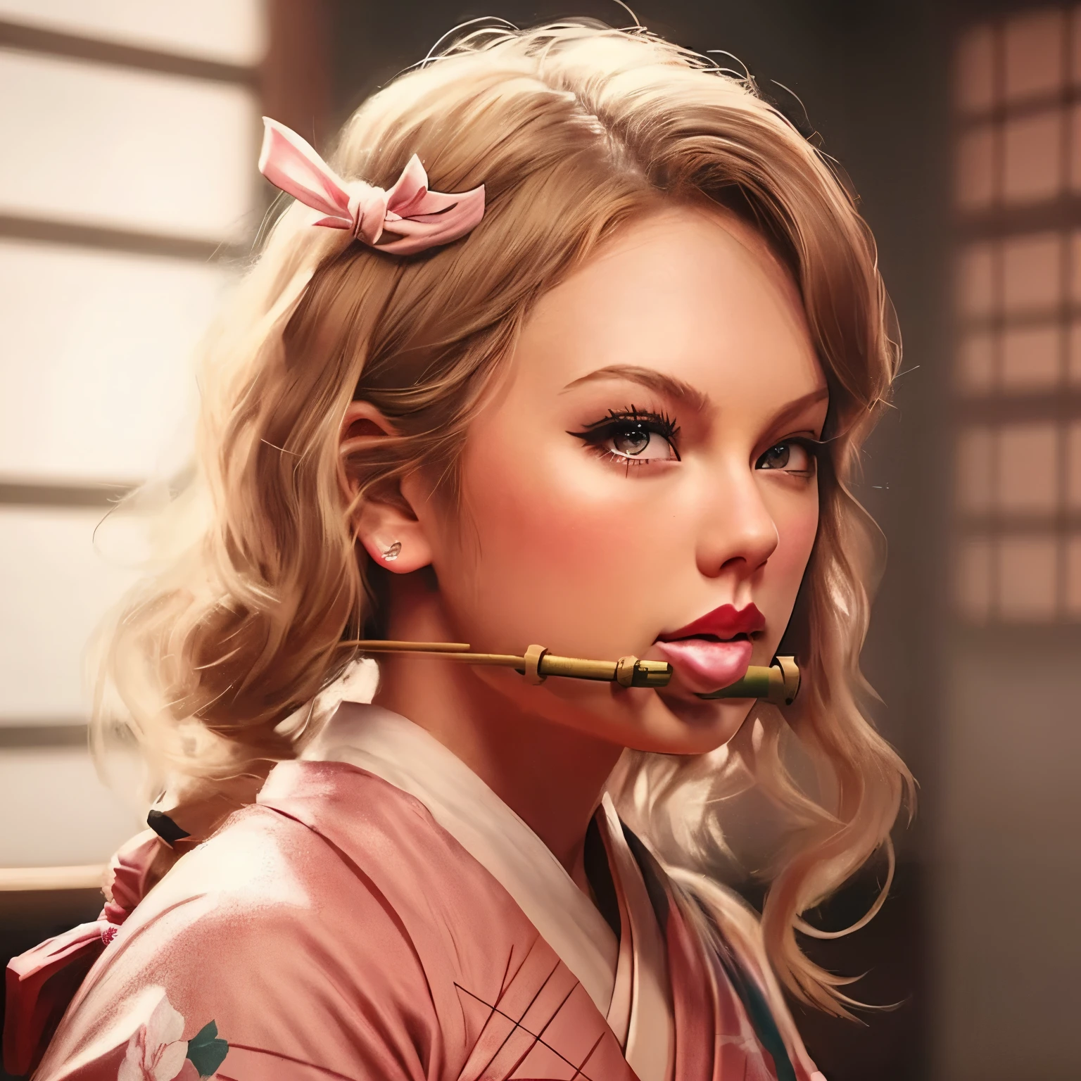 insanely detailed, Detailed portrait of illustration,masterpiece, best quality, beautiful lighting,(taylor swift),nezuko, japanese_clothes, kimono, solo, bamboo, bit_gag, gag, pink_kimono, gagged, looking_at_viewer, forehead, RAW photo, 8k uhd, film grain,