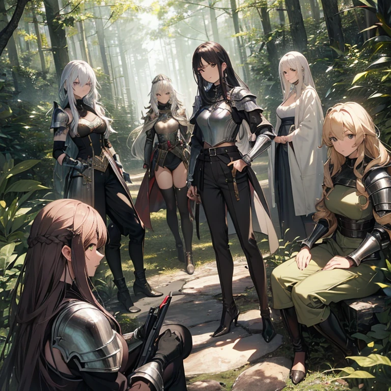 A group of female knights, (in forest), various hair styles, metal armor, harem, trousers, seducing, beautiful face, close