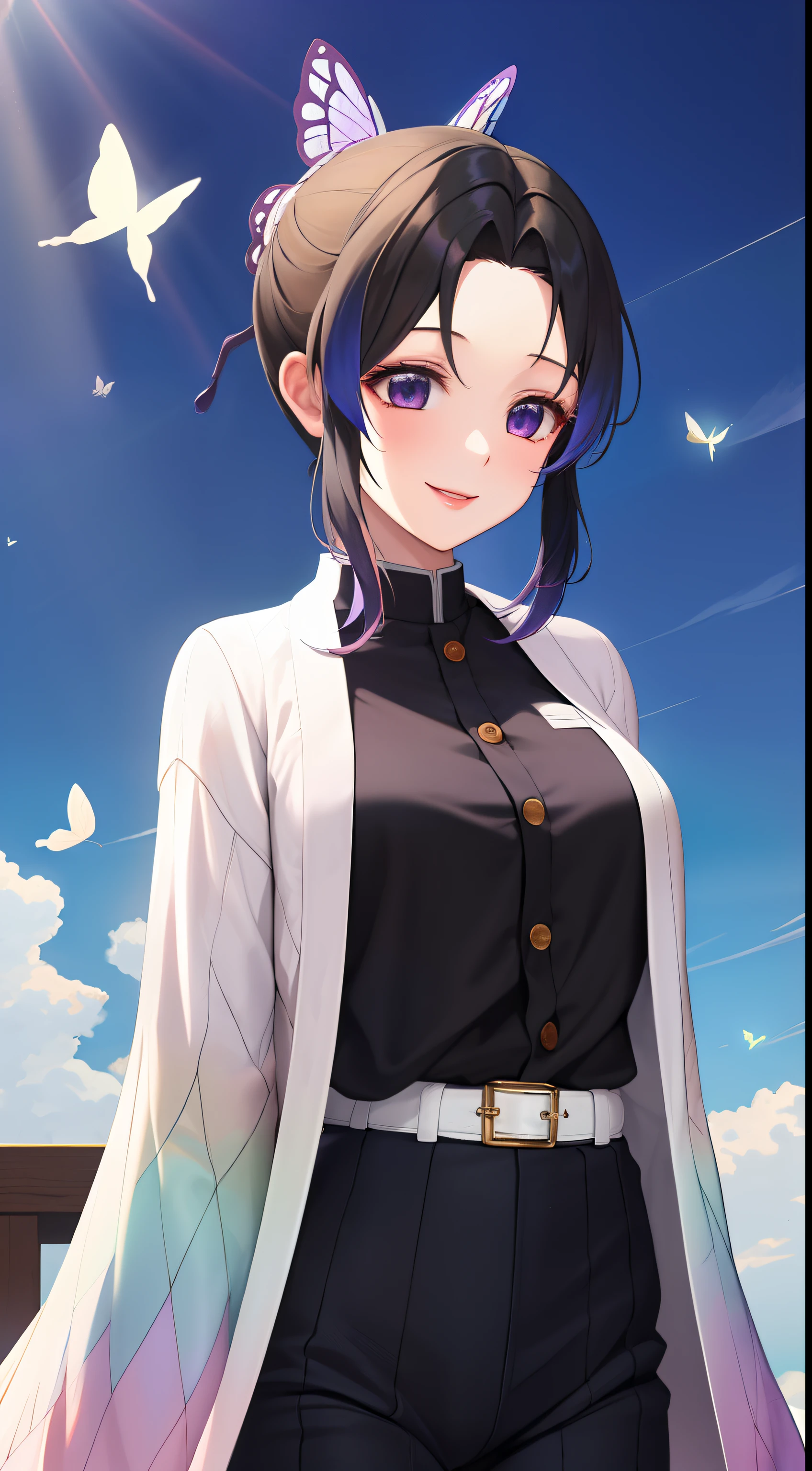 masterpiece, top-quality, Hi-Res, 1girl in, solo, kochou shinobu, butterfly hair ornament, a purple eye, O cabelo multicolorido, shorth hair, partedbangs, Black pants, Black jacket, long-sleeve, a belt, cowboy shot,Blue Higan Flower、A smile、amaryllis