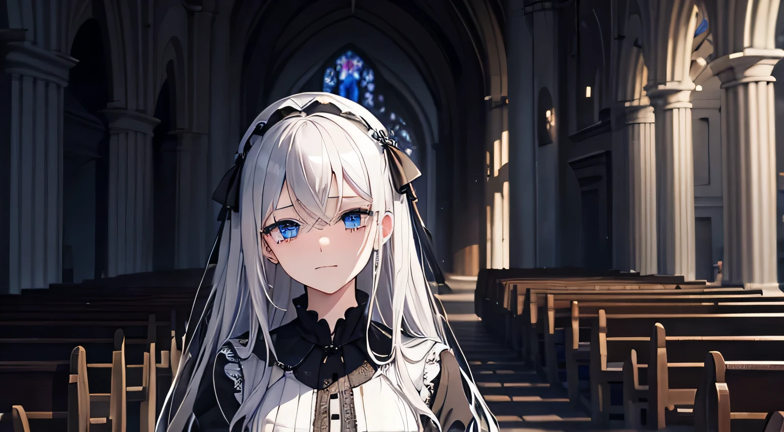 （（highly detailed eyes））、sad eyes、dark room、The mouth is smiling、inside the church、sad expression、gray hair、final boss、gothic、pitch black、black dress、dark、inside the church、hatred、grudge、blue eyes、hatred、despair、unhappy expression