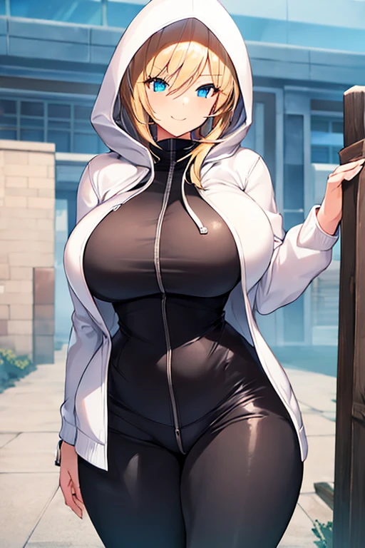 1girl, hood, jacket, hooded jacket, hood on, hood up, blonde hair, large breasts, breasts, wide hips, thick thighs, hourglass figure, white jacket, black shirt, shirt, very short hair, pants, black pants, smile, toned, toned female, urban, mature female, tall, tall female, tomboy,