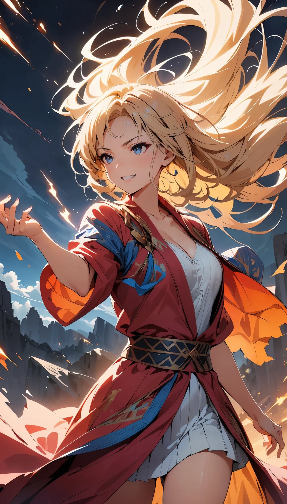 (highest quality, 4k, 8K, High resolution, masterpiece:1.2), Super detailed, woman practicing magic, Intricate Robes and Accessories, flowing hair, fierce expression, intense battle scene, dramatic lighting, Bright colors, powerful stroke, high contrast, supernatural power, Epic explosions and bursts of magic, dynamic pose, war-torn landscape background