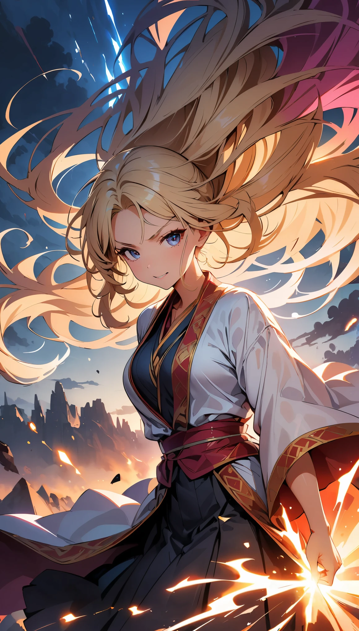 (highest quality, 4k, 8K, High resolution, masterpiece:1.2), Super detailed, woman practicing magic, Intricate Robes and Accessories, flowing hair, fierce expression, intense battle scene, dramatic lighting, Bright colors, powerful stroke, high contrast, supernatural power, Epic explosions and bursts of magic, dynamic pose, war-torn landscape background