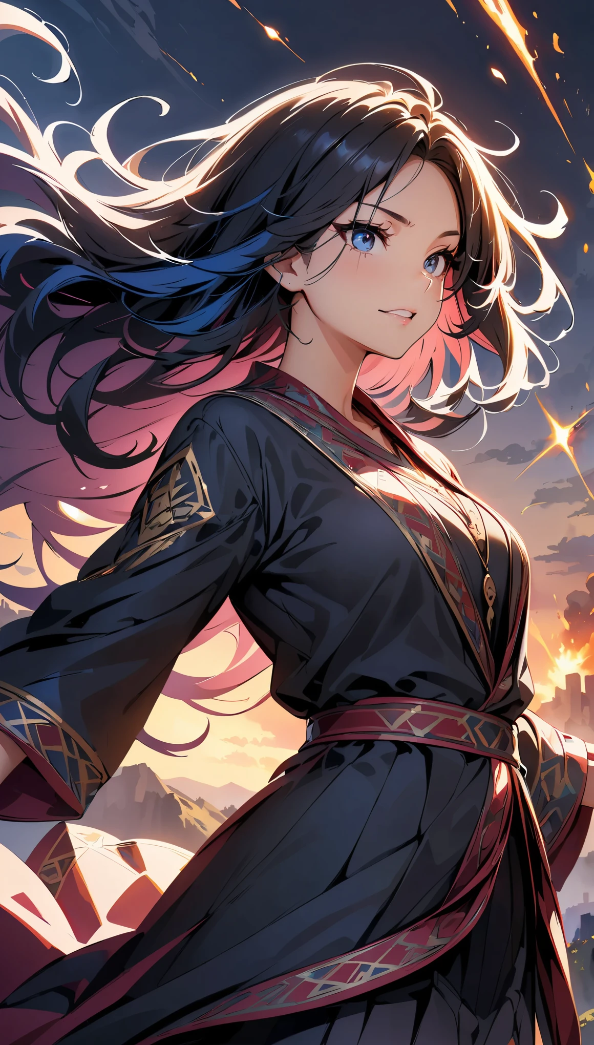 (highest quality, 4k, 8K, High resolution, masterpiece:1.2), Super detailed, woman practicing magic, Intricate Robes and Accessories, flowing hair, fierce expression, intense battle scene, dramatic lighting, Bright colors, powerful stroke, high contrast, supernatural power, Epic explosions and bursts of magic, dynamic pose, war-torn landscape background