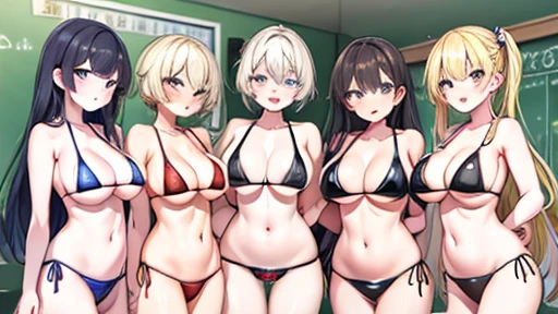 (masterpiece), highest quality, high resolution, NSFW, (5 girls, group photo:1.4), (Intricate high detail body:1.1), (Because I'm slender:1.1), (big:1.5), (black skin:1.1)、(logic:1.2), blonde, twin tails, (open your mouth, Smile:1.2),wink, peace sign, (latex bikini:1.2), cowboy shot, (classroom:1.1)
