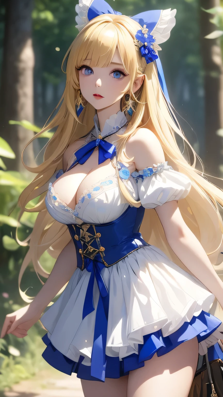 perfect face blonde　long hair　bangs bangs　double eyelids　frills　maid　white skin　blue eyes　high school girl　Large skin area　pale skin pigment　lure　big breasts 　Thighs　I&#39;m not wearing them　anime style　Furifuri　ribbon　lapis lazuli　cute　tits　in the forest　super mini skirt　white blouse　Absolute area　earrings　sticking out one&#39;s shoulders　Busty　Transparent　breast bag　I can see it　charming　uniform　masterpiece　perfect　Sex　side boob　lolita　sexual　cleavage　girl　chest emphasis　Harem　sex slave　corset　pure gold　looking here　little girl　super breasts