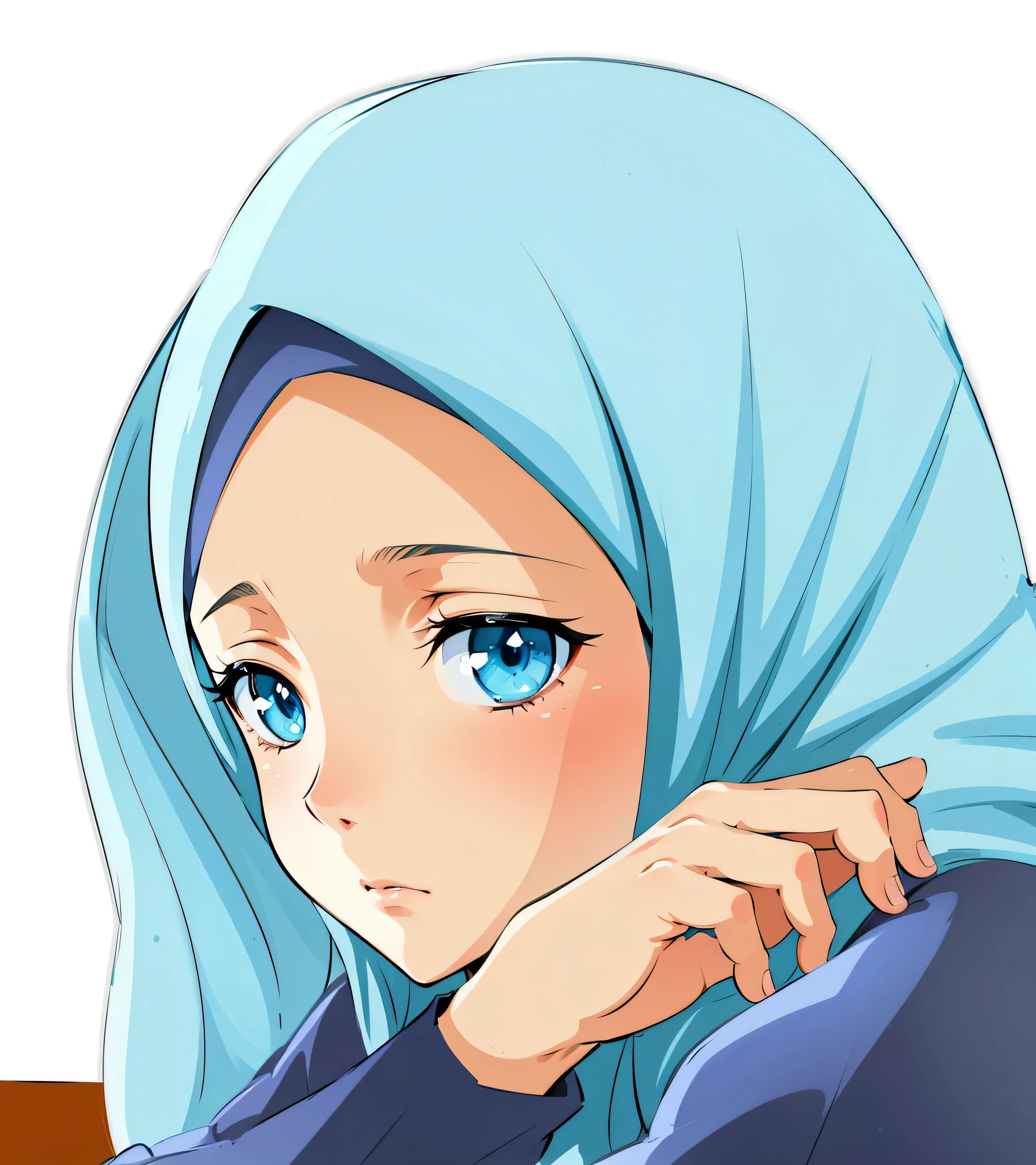 anime girl with blue eyes and a blue hijab, digital anime art!!, hannah yata, anime style portrait, sad expression, extremely cute anime girl face, portrait anime girl, in anime style, realistic anime artstyle, cute anime girl portraits, (anime girl), made with anime painter studio, profile of anime girl, cute anime face, in an anime style