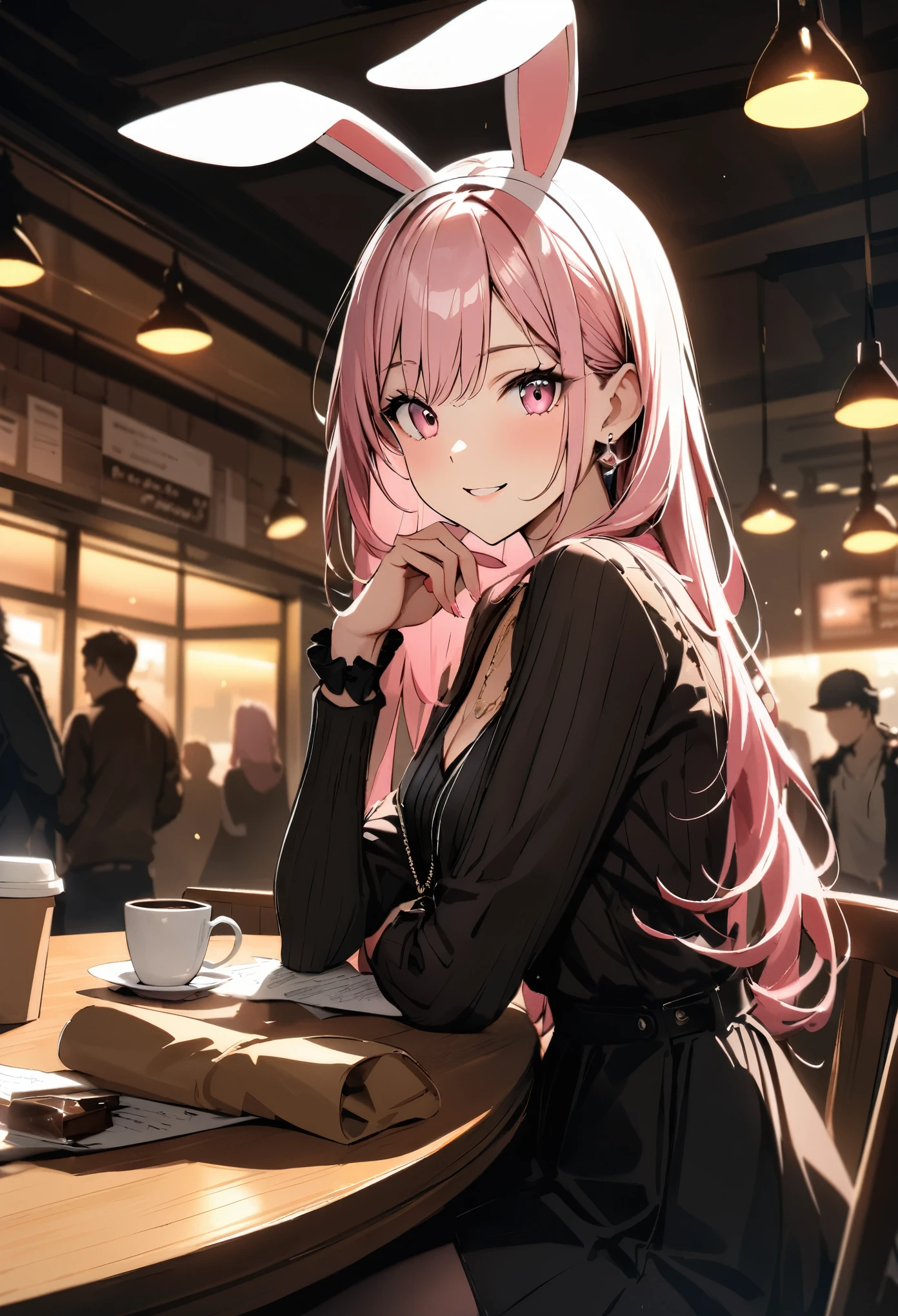 Masterpiece, highest quality, ultra-definition, ultra-fine, 4K, 8K, highest quality, beautiful, cute woman, solo, (beautiful pink hair, beautiful pink eyes, beautiful eyes, long hair, rabbit ears, smile),
break
Cozy cafe scenery, coffee on the table, food, coffee cups, crowd in the background,
break
Prada, necklaces, earrings, accessories, bags,
break
Fantastic lighting, bloom, extraordinary resolution, super detail, top quality, high resolution, audio notes,