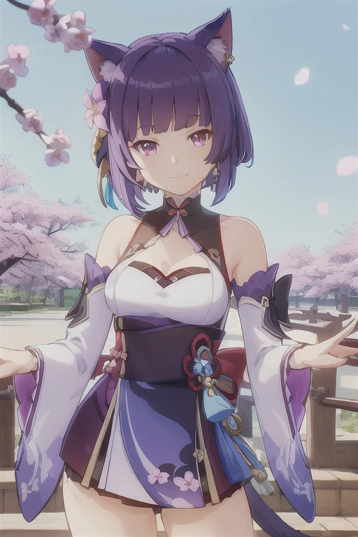 masterpiece, best quality, 1girl, solo, upper body, genshin impact, 1girl, cat ears, branch, cherry blossoms, closed mouth, cowboy shot, earrings, flower, animal ears, japanese clothes, short hair, looking at viewer, medium breasts, outdoors, purple hair, blue-pink eyes, ribbon-trimmed sleeves, ribbon trim, sidelocks, smile, solo, wide sleeves, dynamic pose, genshin
