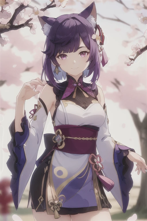 masterpiece, best quality, 1girl, solo, upper body, genshin impact, 1girl, cat ears, branch, cherry blossoms, closed mouth, cowboy shot, earrings, flower, animal ears, japanese clothes, short hair, looking at viewer, medium breasts, outdoors, purple hair, blue-pink eyes, ribbon-trimmed sleeves, ribbon trim, sidelocks, smile, solo, wide sleeves, dynamic pose, genshin
