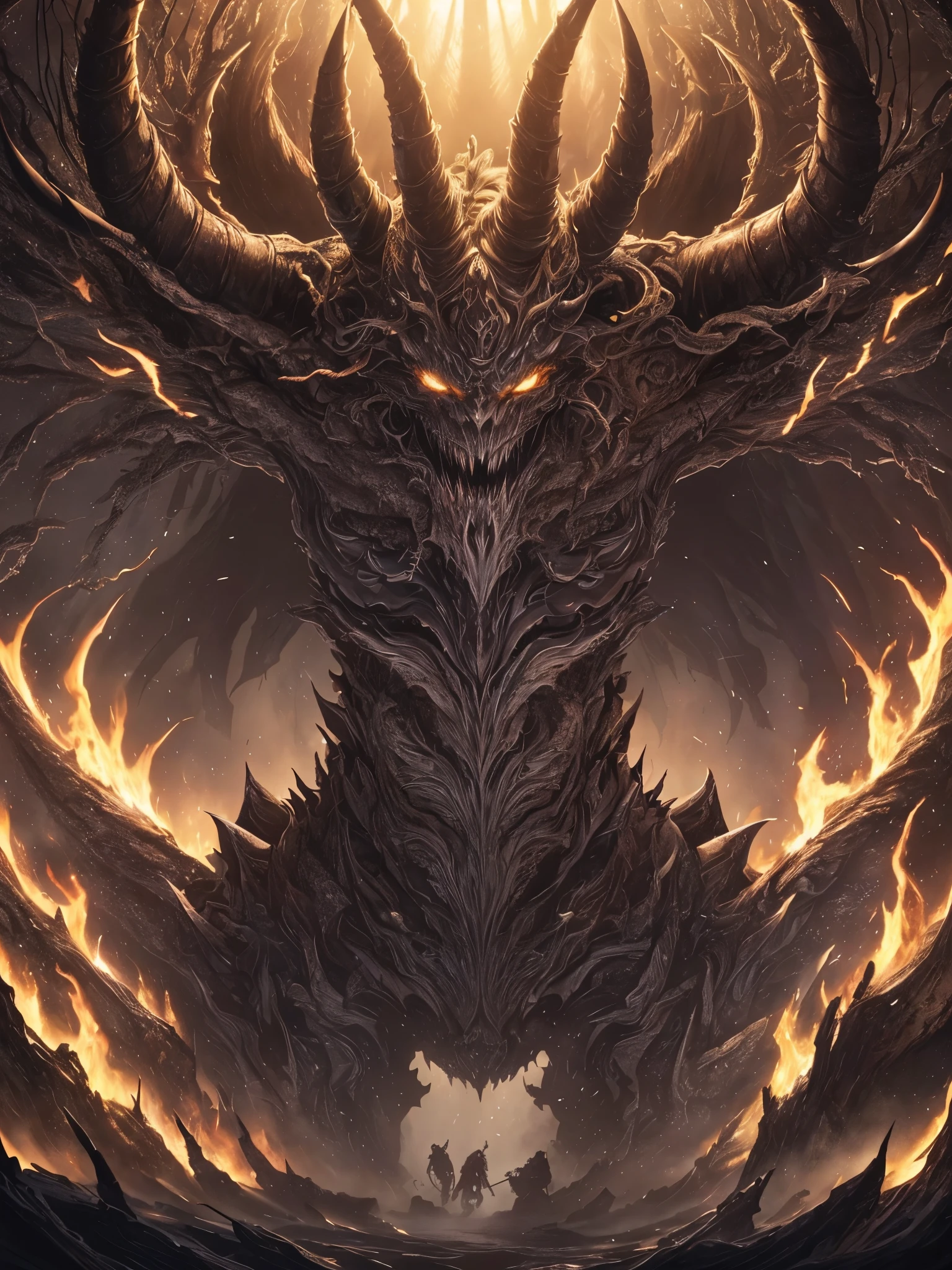 ((highest quality)),(ultra high resolution),(Super detailed),(detailed description),((best CG)),(best work of art),super precision art,amazing drawing art,(Art with precise details:1.5), The overwhelming power of darkness that tramples over the light,torrent of power,Twisted, gnarled horns, The darkness that clings to my body,