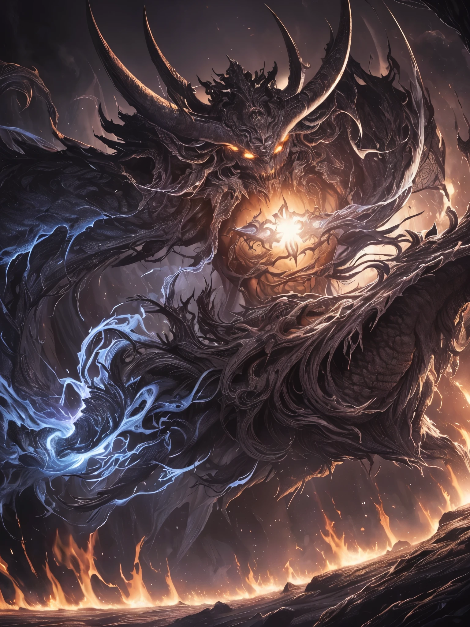 ((highest quality)),(ultra high resolution),(Super detailed),(detailed description),((best CG)),(best work of art),super precision art,amazing drawing art,(Art with precise details:1.5), The overwhelming power of darkness that tramples over the light,torrent of power,Twisted, gnarled horns, The darkness that clings to my body,