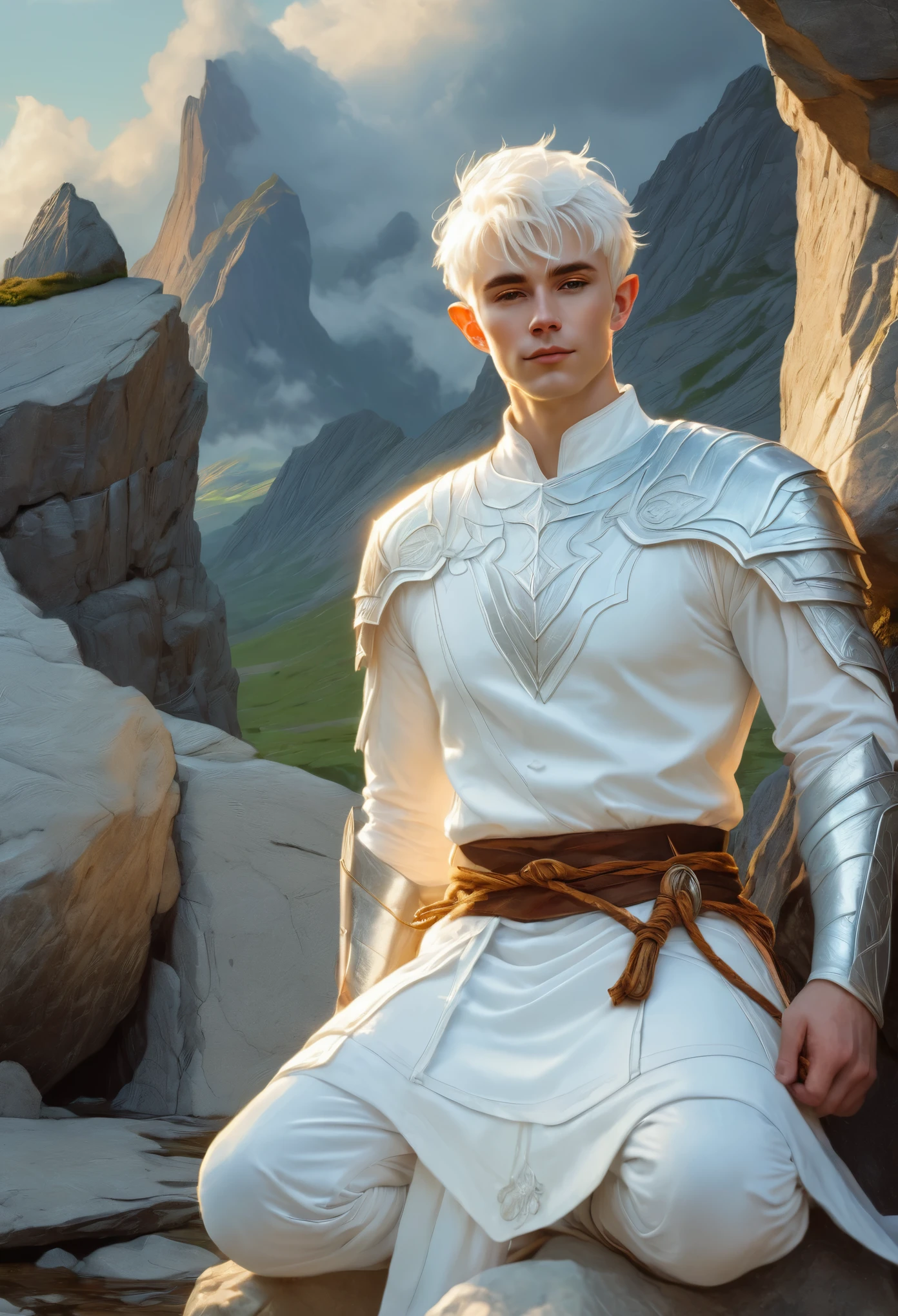 Close-up of a man in a white suit, sitting on a stone, inspired by Chris from Deltarrune, dwarf with white hair, relaxed dwarf with white hair, drawn in lasso style, inspired by Sigurd Svein, Arsene Lupine as Paladin, Silver-skinned male elf, Epic fantasy portrait, Elven blonde warrior