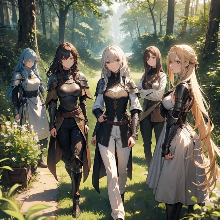 A group of female knights, (in forest), various hair styles, metal armor, harem, trousers, seducing, beautiful face, close