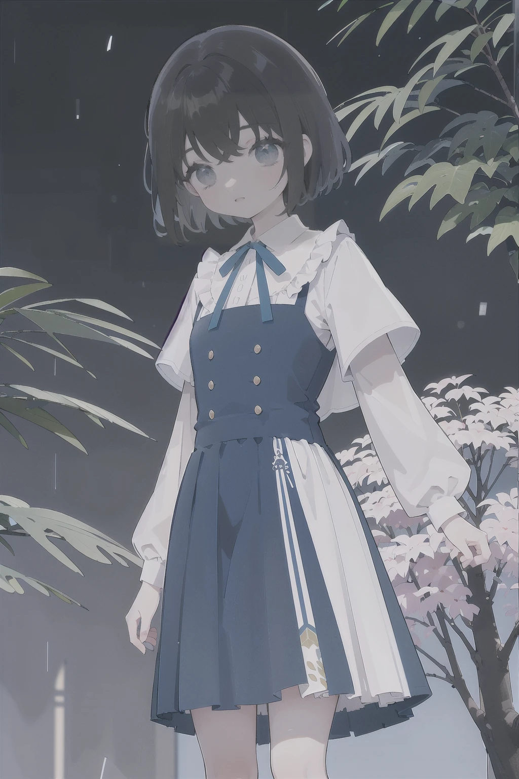 Nakahara_Misaki, 1 garota, Vestido preto, vestido de gola, tiro de vaqueiro, dia, segurando guarda-chuva, guarda-chuva branco, inclinando-se para frente, vestido longo, mangas compridas, olhando para o espectador, ao ar livre, tree,
