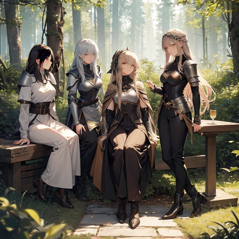 A group of female knights, (in forest), various hair styles, metal armor, harem, trousers, seducing, beautiful face, close