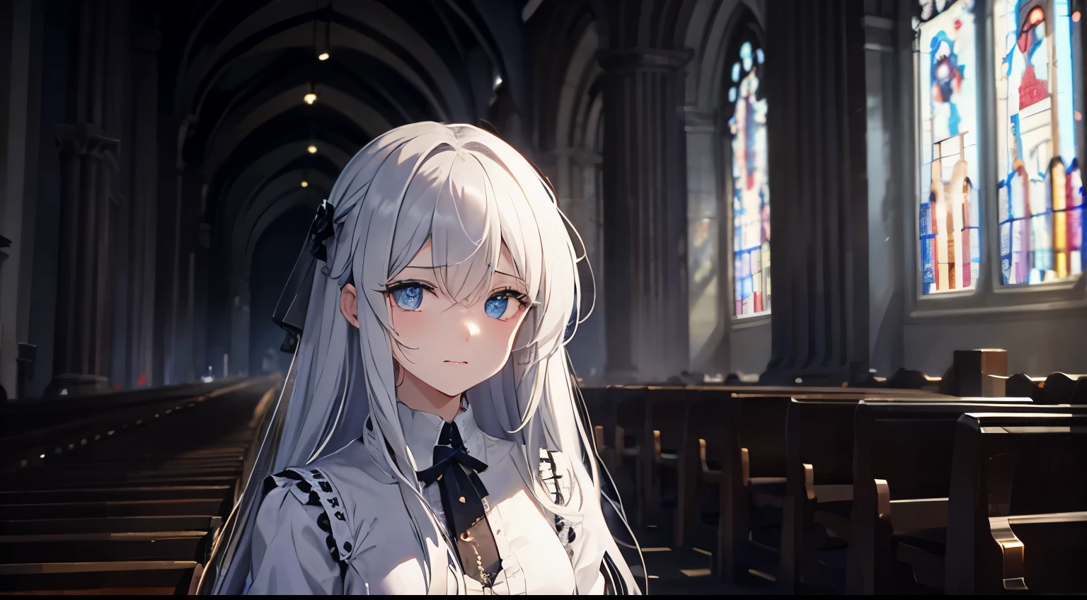 highly detailed eyes、sad eyes、dark room、The mouth is smiling、inside the church、sad expression、gray hair、final boss、gothic、pitch black、black dress、dark、inside the church、hatred、grudge、blue eyes、hatred、despair、unhappy expression