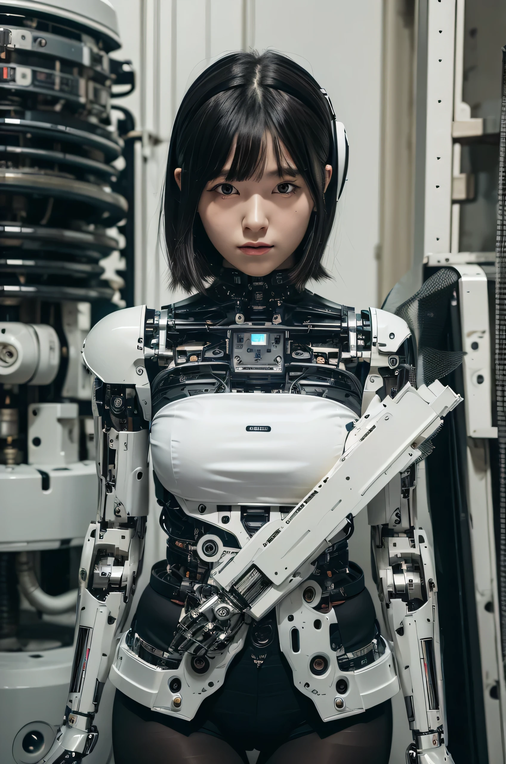 masterpiece, Best Quality, Extremely detailed, 8K Portrait,Japanese android girl,Plump ,control panels,android,Droid,Mechanical Hand, ,perfect robot woman,Robot arms and legs, Black hair,Mechanical body,white robot body,Blunt bangs,Charging spot,She is charging now, mechanical ear covers,android,robot humanoid,black short pants,darkblack tights,She has disassembled,scrap yard