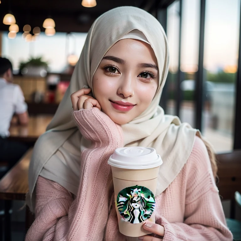 muslim woman in pink sweater holding a starbucks cup and smiling, beautiful arab woman, malaysian, high quality portrait, pale-skinned persian girl, white hijab, arabica style, starbucks, hijab, mysterious coffee shop girl, beautiful iranian woman, attractive girl, beautiful aesthetic face, beautiful female, beautiful oriental woman, beautiful image, beautiful girl model