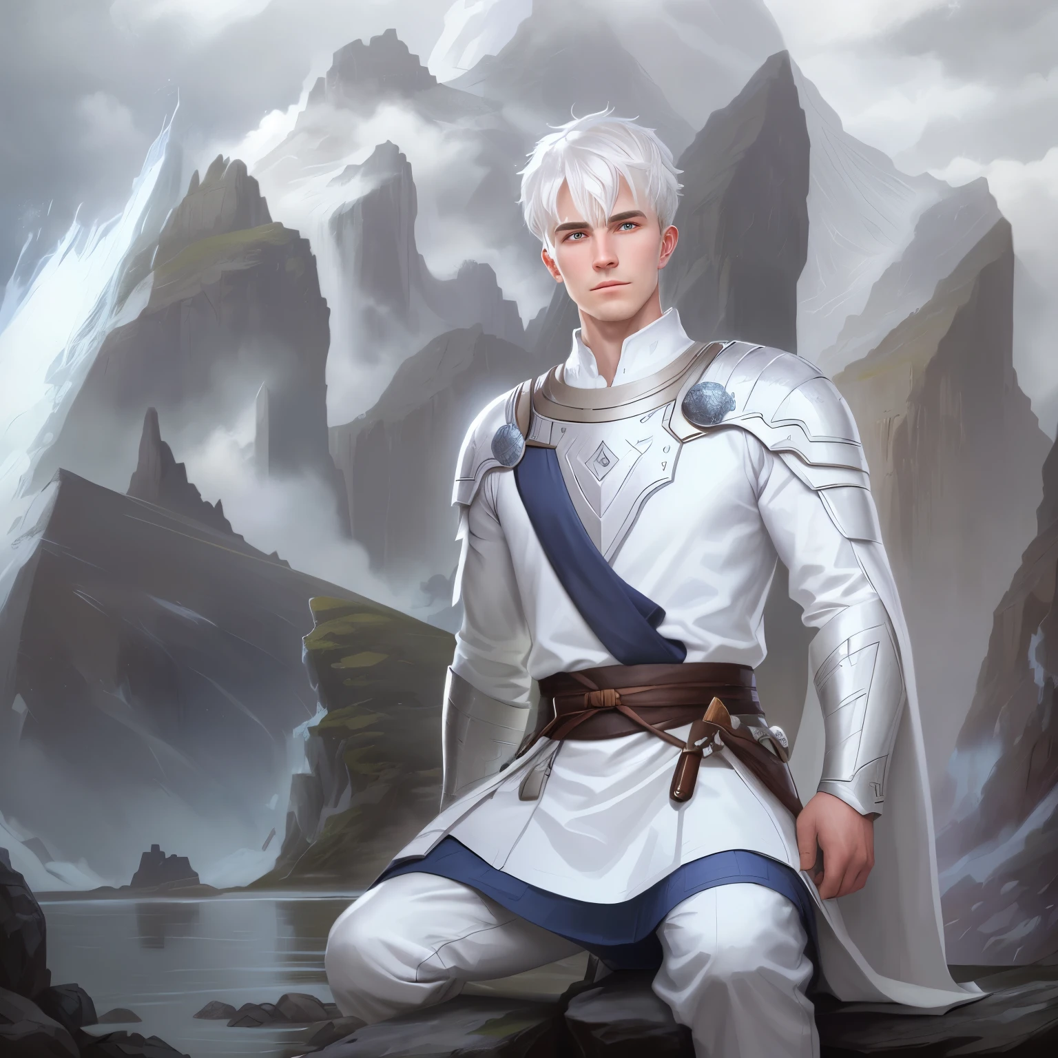 Close-up of a man in a white suit, sitting on a stone, inspired by Chris from Deltarrune, dwarf with white hair, relaxed dwarf with white hair, drawn in lasso style, inspired by Sigurd Svein, Arsene Lupine as Paladin, Silver-skinned male elf, Epic fantasy portrait, Elven blonde warrior