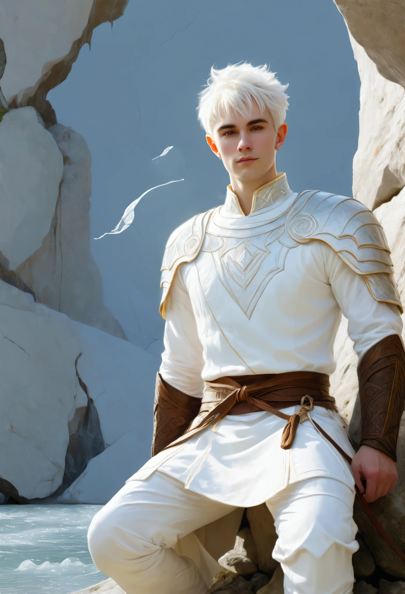 Close-up of a man in a white suit, sitting on a stone, inspired by Chris from Deltarrune, dwarf with white hair, relaxed dwarf with white hair, drawn in lasso style, inspired by Sigurd Svein, Arsene Lupine as Paladin, Silver-skinned male elf, Epic fantasy portrait, Elven blonde warrior