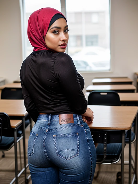 (view from behind), ((view from above)), (birds eye perspective), In an empty classroom, a young (hijabi) (muslim) confidently stood presenting her ass to viewer, ready to showcase her unique style and personality. She wore ((fitted sexy jeans)) and (long sleeves top), creating a fashionable ensemble that expressed her individuality. With a full face of makeup, her expressive mouth became the focal point of her captivating presence. Her lips were adorned with a vibrant shade, reflecting her confidence and boldness. As she stood, her expressive mouth conveyed a sense of playfulness and enthusiasm, radiating positivity and energy. Her hourglass figure was tastefully accentuated by her (fitted sexy jeans), The modern (hijab) and long sleeves top combination allowed her to express her personal style while adhering to school dress codes. fit body, round ass, protruding ass