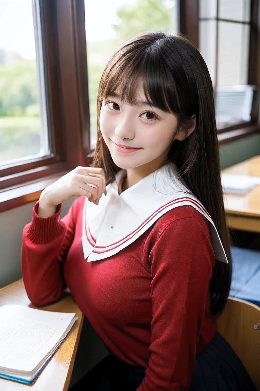 ((highest quality)), ((masterpiece)), (be familiar with), Perfect face, perfect Japanese beauty Perfect Japanese beauty face I'm a 12 year old Japanese girl with perfect proportions.。A girl around 12 years old with a super cute smile Sexy elementary school student around 12 years old A bewitching elementary school girl around 12 years old A girl around 12 years old with huge breasts and super straight long black hair who looks like an idol.。 Super straight long hair that reaches down to her waist very detailed hair very dense skin Neat bangs Bangs are Hime cut. Perfect body. big big tits
She is studying seriously in the window seat in the classroom.。sitting at desk I have a pencil。I'm thinking too much and I'm pulling my side hair over my ears.。That gesture is super cute。she looks serious。
