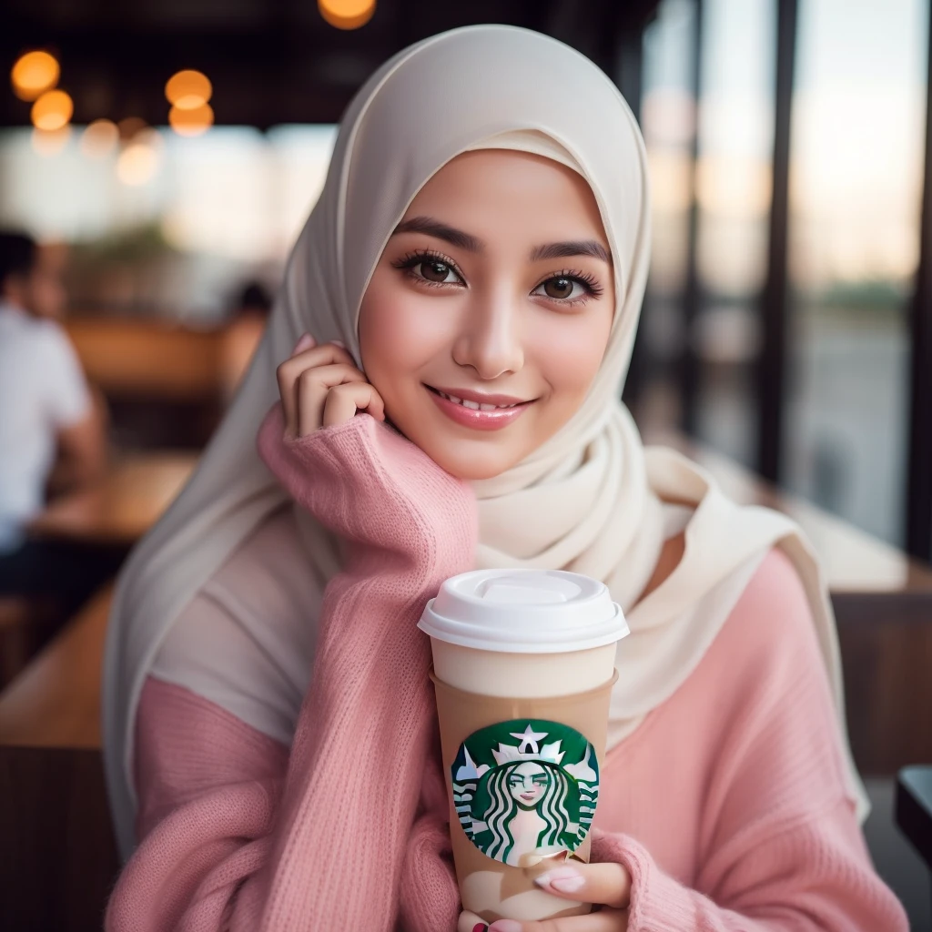 muslim woman in pink sweater holding a starbucks cup and smiling, beautiful arab woman, malaysian, high quality portrait, pale-skinned persian girl, white hijab, arabica style, starbucks, hijab, mysterious coffee shop girl, beautiful iranian woman, attractive girl, beautiful aesthetic face, beautiful female, beautiful oriental woman, beautiful image, beautiful girl model