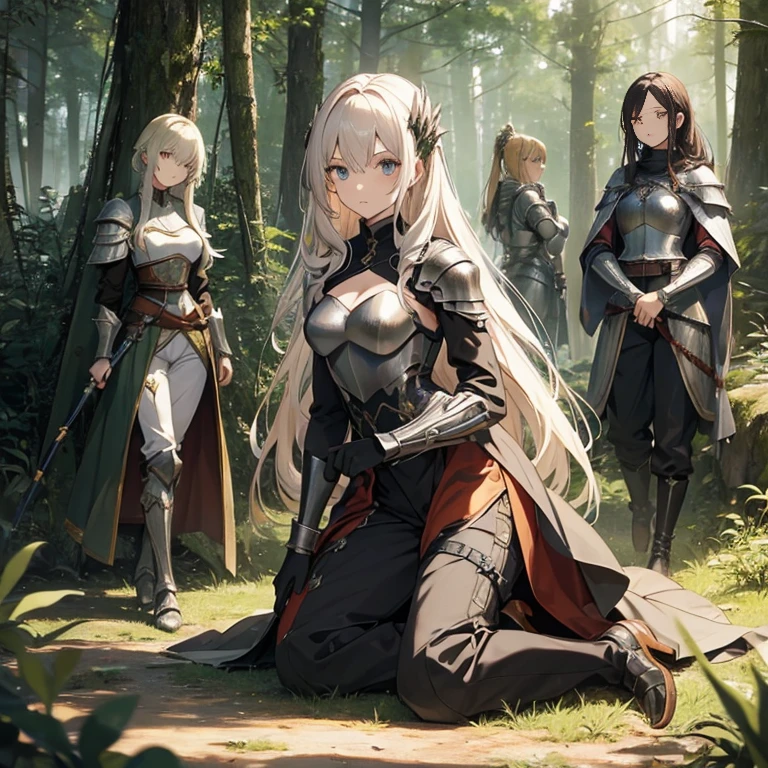 A group of  female knights, (in forest), various hair styles, metal armor, harem, trousers, seducing, beautiful face, close