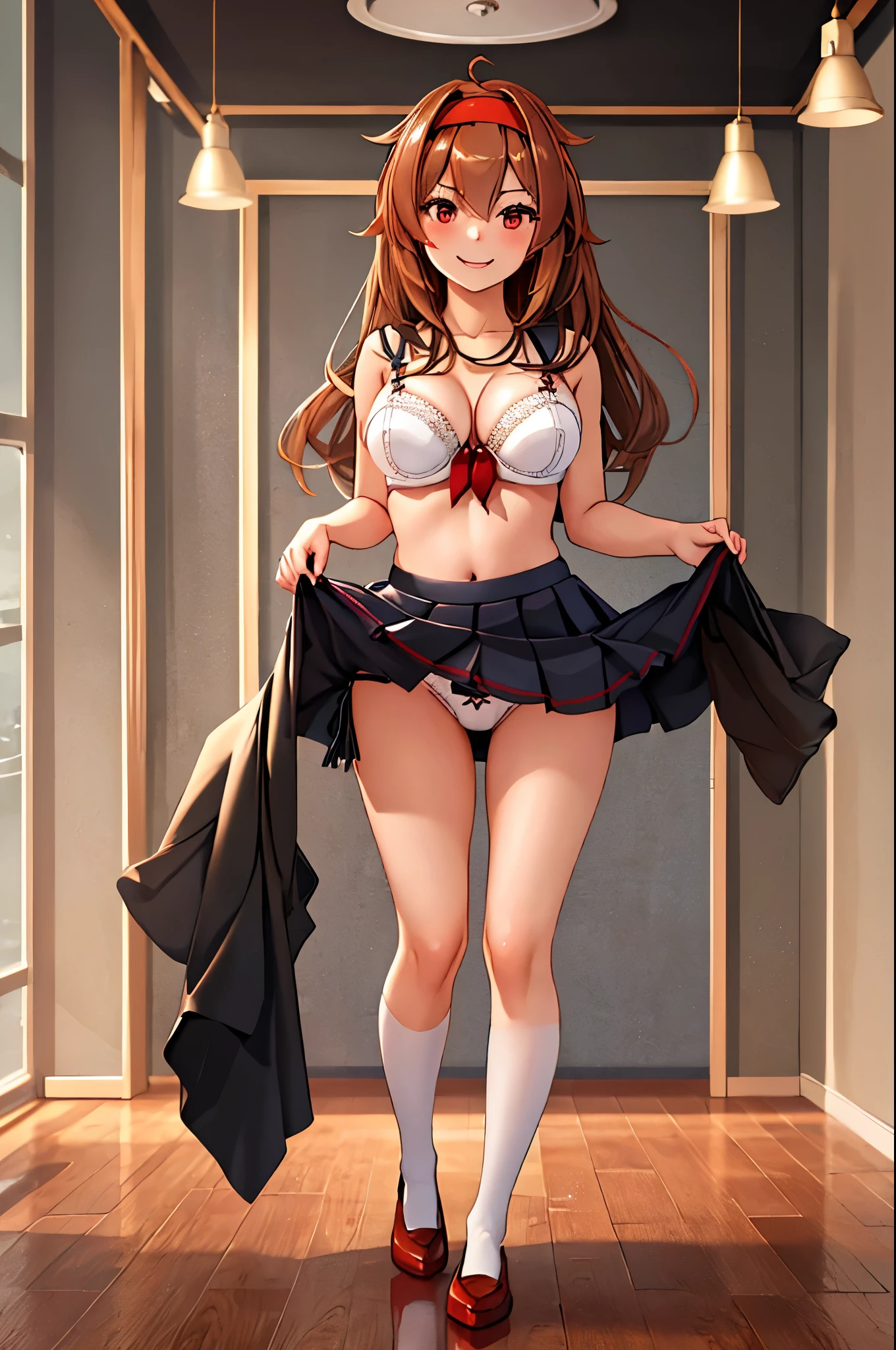 highest quality, masterpiece, High resolution, 1 girl, white dew (KanColle)(white dew改二 艦隊これくしょん:1.15), brown hair, red eyes,  smile, slender body, full body figure,red headband, black(Sailor Suit), pleated skirt, classroom background, slender body, full body figure, skirt lift, (panties), (bra), squat, (flashy underwear),