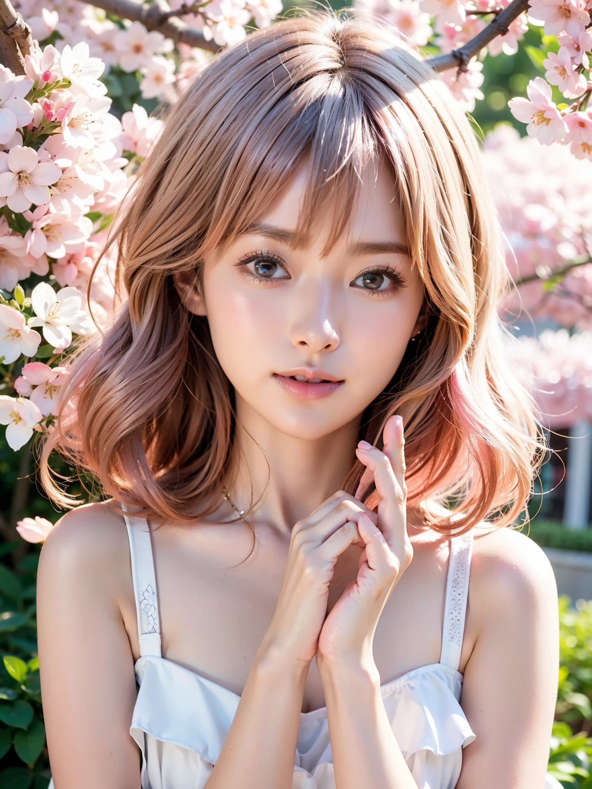 light pink hair, pink eyes, pink and white, cherry blossom leaves, Bright colors, white dress, paint splashes, simple background, ray tracing, wavy hair