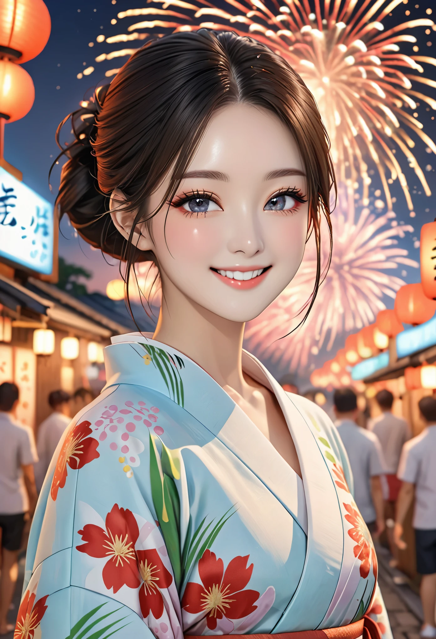 (((top quality, 8K, masterpiece))), clear focus, (Beautiful woman with perfect body), thin and long, (hairstyle: up)), ((kimono: sugar cane)), street: 1.2 highly detailed faces and skin textures detailed eyes double eyelids in random poses, (Smile),super cute Japan person,super beauty Japanese girl, realistic face, double eyelids,Smile,summer festival , at sunset ,Fireworks background.