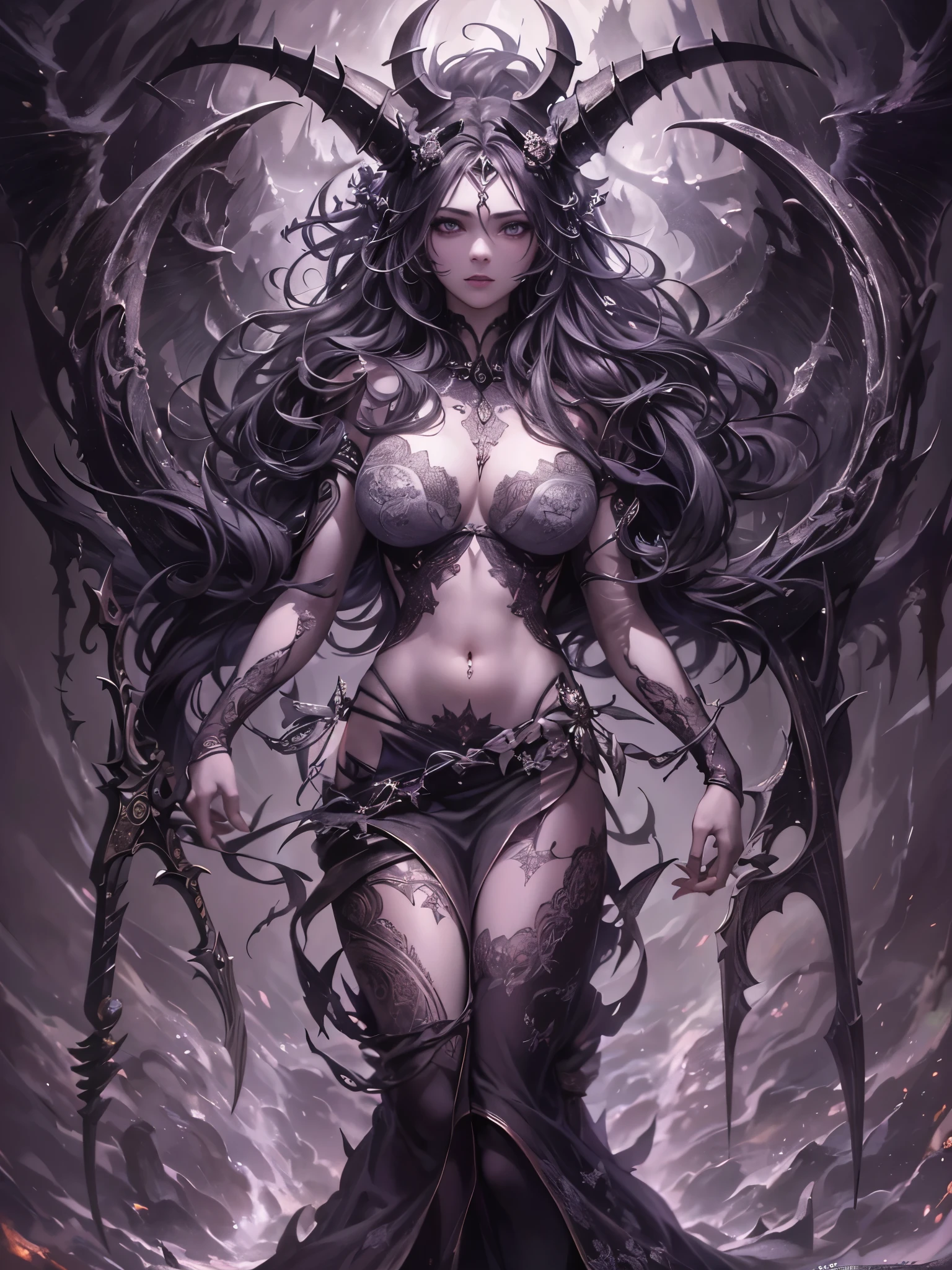 ((highest quality)),(ultra high resolution),(Super detailed),(detailed description),((best CG)),(best work of art),super precision art,amazing drawing art,(Art with precise details:1.5), The overwhelming power of darkness that tramples over the light,torrent of power,Twisted, gnarled horns, The darkness that clings to my body,