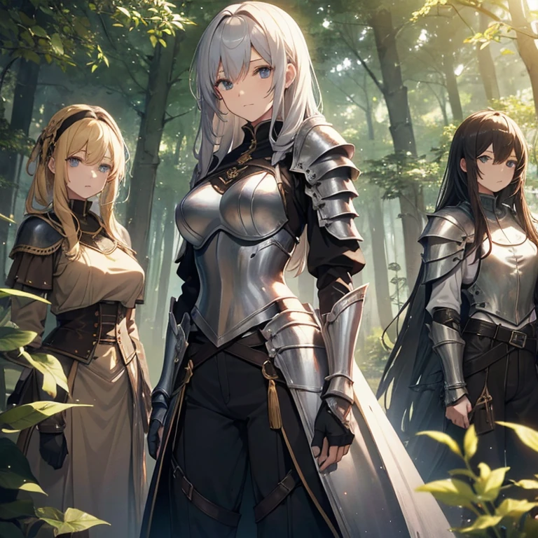 A group of female knights, (in forest), various hair styles, metal armor, harem, trousers, seducing, beautiful face, close