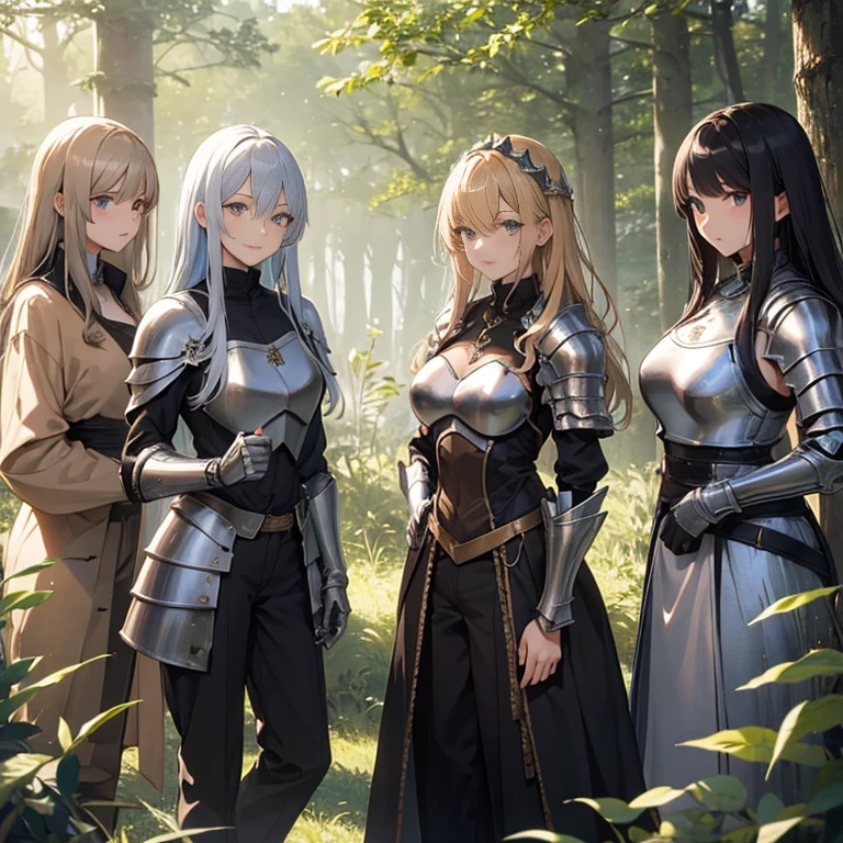 A group of  female knights, (in forest), various hair styles, metal armor, harem, trousers, seducing, beautiful face, close