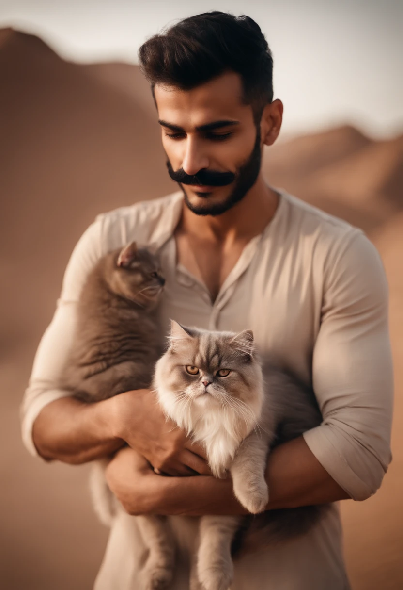 Handsome moustache arab guy tall thin shirtless desert hug Persian cat