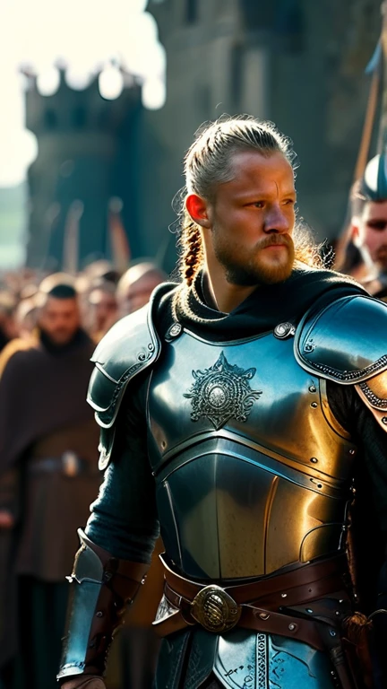Illustrate the sons of Ragnar lothbrok standing together, wearing armor and holding weapons, ready to fight, heading for King Aella's fortress, crowd cheering for them , detailed face, detailed face expressions, natural face expressions, face in detail, asymmetrical faced,(tall and slender body), fair and smooth skin, detailed hands, detailed fingers, masterpiece, cinematic lighting, physically based rendering, lens flare, award winning rendering, perfect rendering detail, 8K, realism, detailed background, everything in detail, cinematic shot, dynamic lighting, 75mm, Technicolor, Panavision, cinemascope, fine details, 8k, HDR, realism, realistic, key visual, film still, superb cinematic color grading, depth of field, ,midjourney,