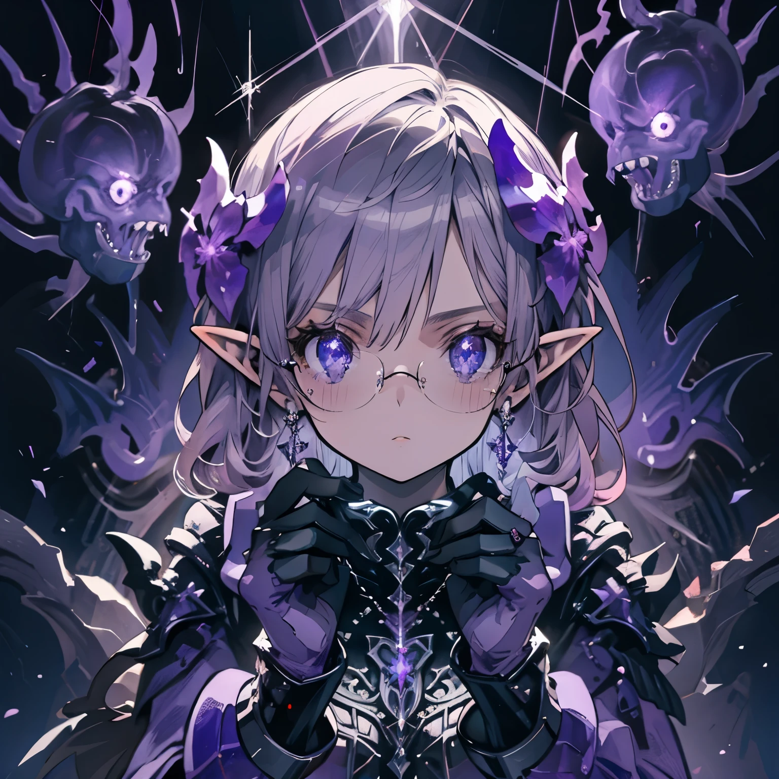 (((purple, Silver, sparkling)), goblin), Limited palette, contrast, amazing aesthetics, highest quality, gorgeous artwork, Glasses