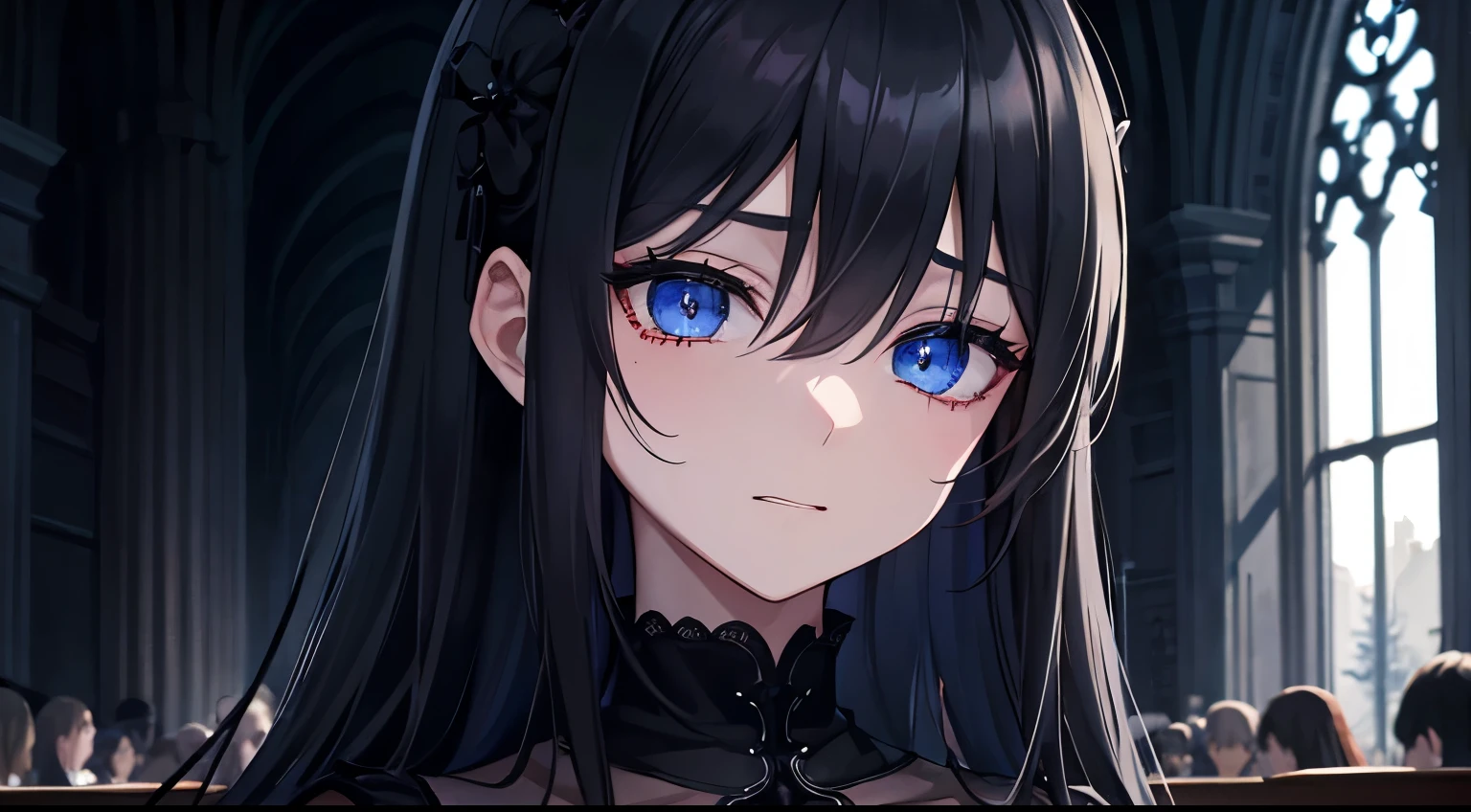 highly detailed eyes、sad eyes、dark room、The mouth is smiling、inside the church、sad expression、gray hair、final boss、gothic、pitch black、black dress、dark、inside the church、hatred、grudge、blue eyes、hatred、despair、unhappy expression