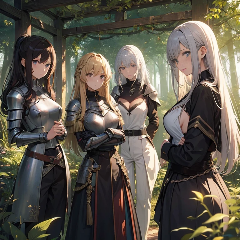 A group of  female knights, (in forest), various hair styles, metal armor, harem, trousers, seducing, beautiful face, close