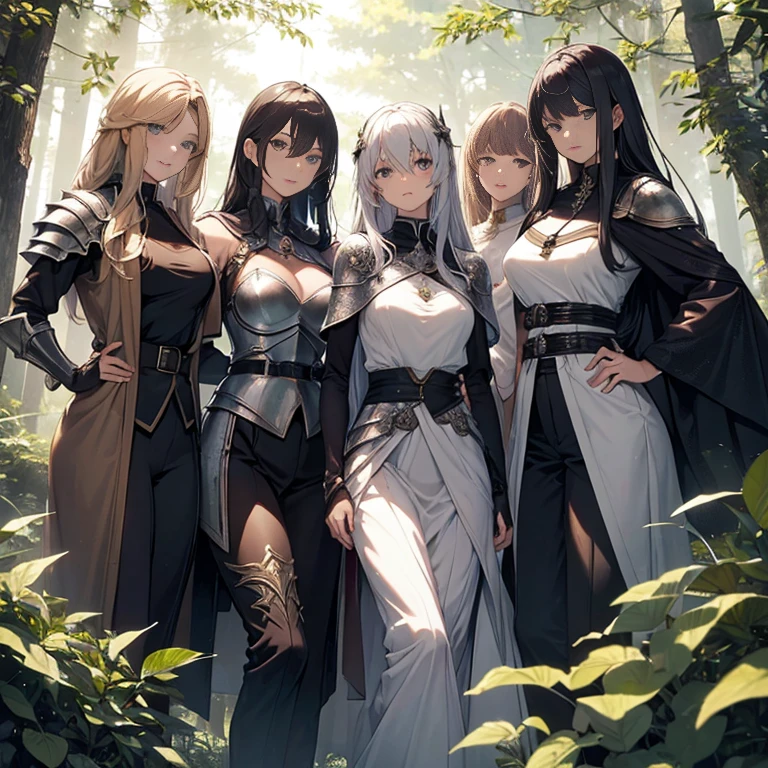 A group of  female knights, (in forest), various hair styles, metal armor, harem, trousers, seducing, beautiful face, close